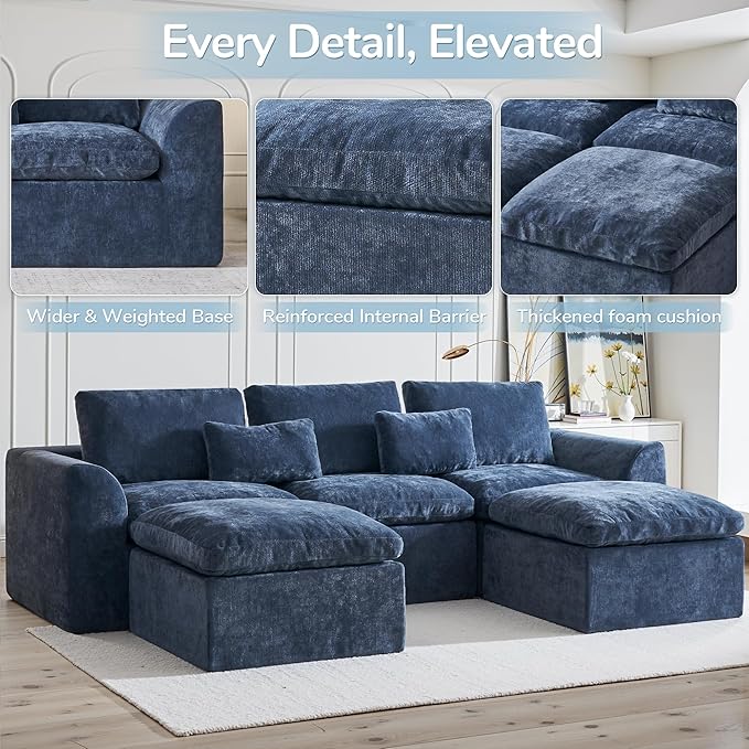 Modern Sectional Cloud Couch - 120'' Soft Modular Sectional Sofa – No Assembly Required - Deep Seat Couches with 2 Movable Ottomans - Oversized Chenille Sofa for Living Room - Blue