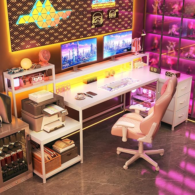 EnHomee 71 L Shaped Gaming Desk with LED LightsWhite Computer Desk with Drawers and Printer ShelfPower OutletReversible Home Office Desks with Storage and Monitor Stand