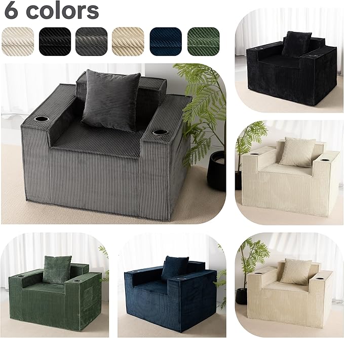 Cloud Single SofaChaise Lounge Chair with Cup Holder &amp Side PocketElevated Seat HeightNo Assembly RequiredBoneless Corduroy Chair for Small SpaceBedroomOffice (Grey Single Sofa)