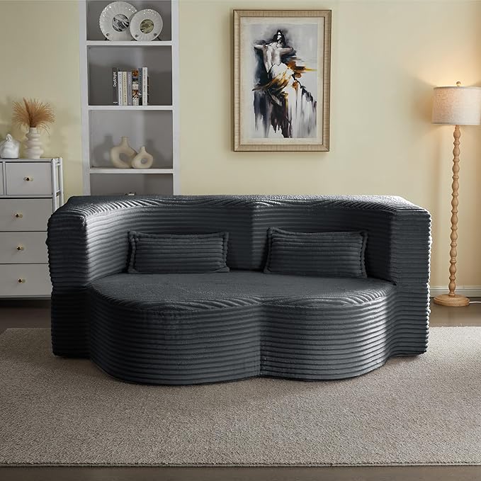 2 in 1 Folding Floor Couch Sofa Bed with 2 Pillows Convertible Sleeper Sofa Modern Full Mattress for Living Room Guestroom Plush Corduroy Floor Sofa BedNo Assembly RequiredDark Grey