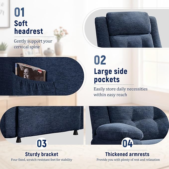 Power Recliner Chair for Adults Oversized Electric Recliner with Thickened Cushions Chenille Fabric Reclining Chair for Living Room Bedroom Blue