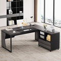 L Shaped Executive Computer Desk with Mobile File Cabinet and LED Light 63 inch Large Office Table Business Furniture with Storage and Drawers for Home Office Gray and Black