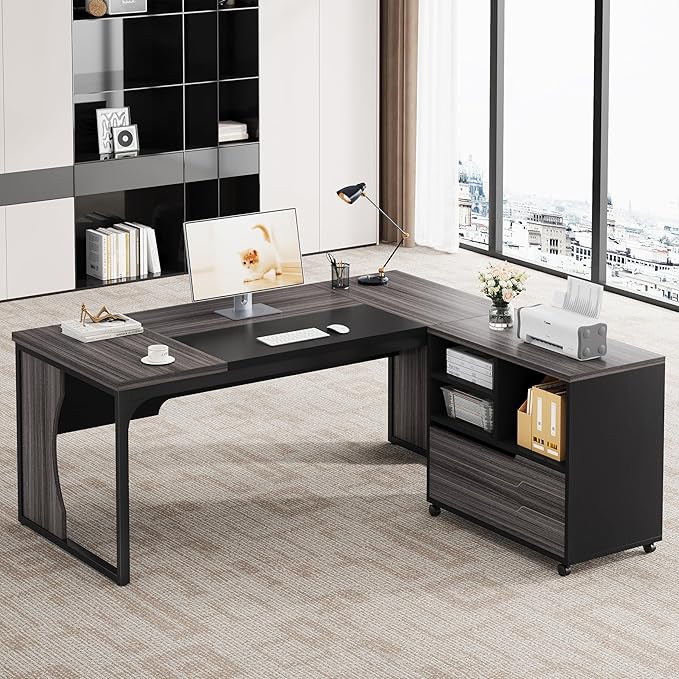 L Shaped Executive Computer Desk with Mobile File Cabinet and LED Light 63 inch Large Office Table Business Furniture with Storage and Drawers for Home Office Gray and Black
