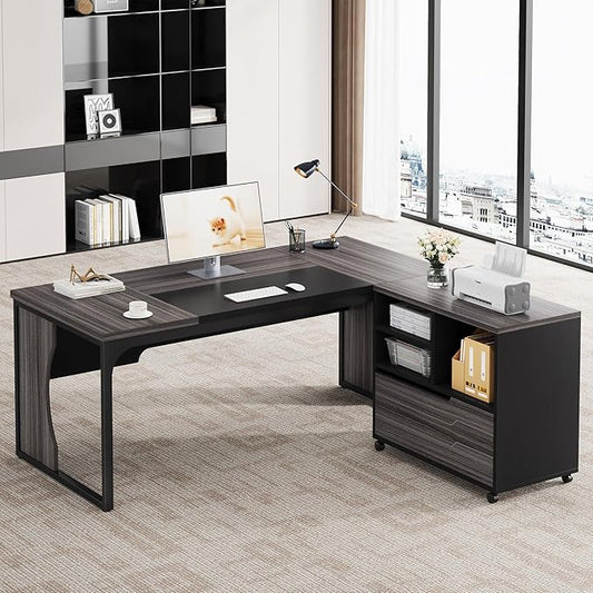 L Shaped Executive Computer Desk with Mobile File Cabinet and LED Light 63 inch Large Office Table Business Furniture with Storage and Drawers for Home Office Gray and Black