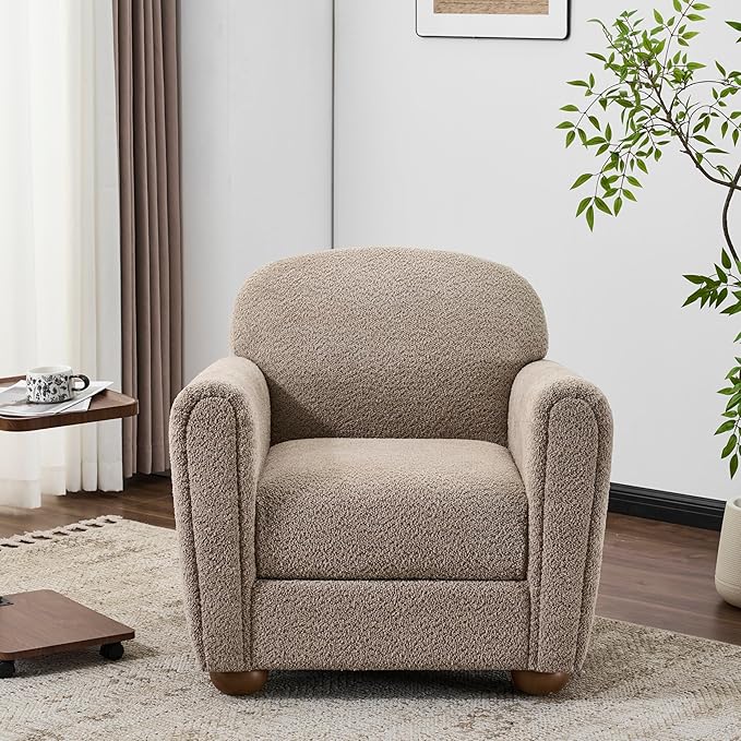 Christopher Knight Home Peysz Modern Accent Chair Boucle Upholstered Armchair with Rounded Wooden Legs Comfortable Single Sofa Soft Cushion Seating Lounge Chair Indoor Light Brown