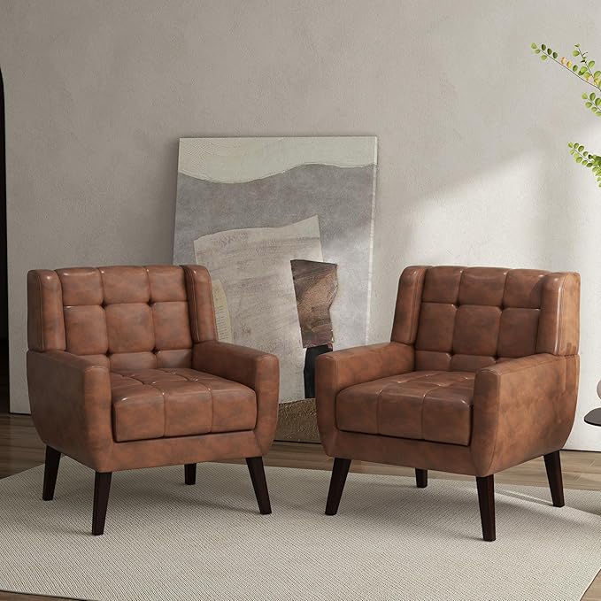 Accent Chair Comfy Mid Century Modern Small Armchairs with Solid Wood Frame and Soft Cushion for Living Room Bedroom (Faux Leather Coffee Set of 2)