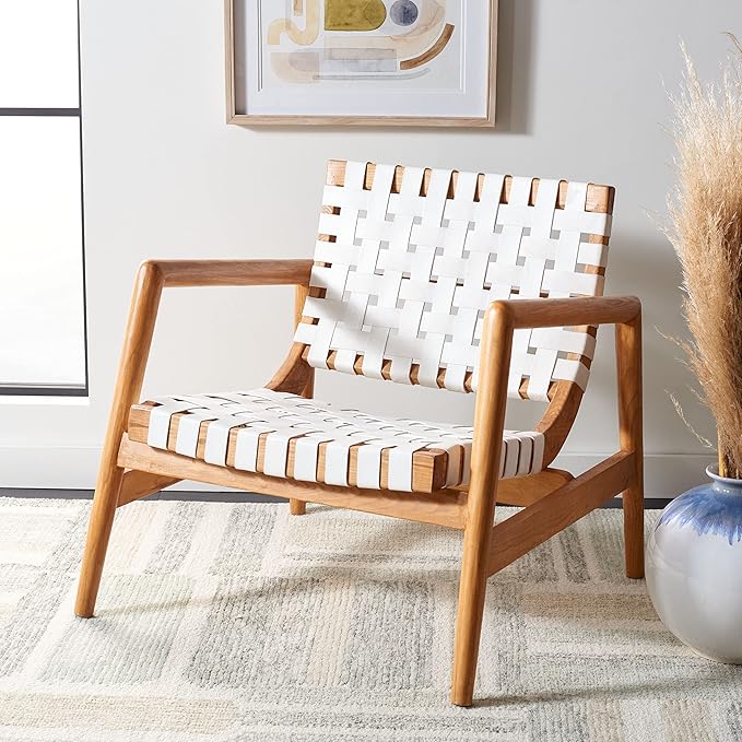 SAFAVIEH Home Collection Bellona White/Natural Leather Woven Accent Chair (Fully Assembled)