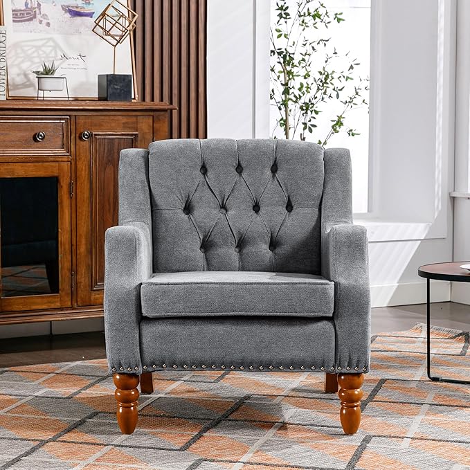Grey Accent Chair Living Room Chair Footrest Chair Set with Vintage Brass Studs Button Tufted Upholstered Armchair for Living Room Comfy Reading Chair for Bedroom Reception Room