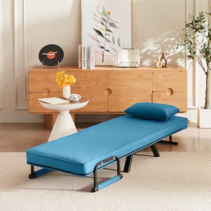Foldable Chair Bed Comfortable Convertible Sofa Bed 5 in 1 Foldable Bed with 5 Adjustable backrests and Pillows Suitable for Comfortable Cushion Chair in The Office. (Blue+Linen+1Seat)