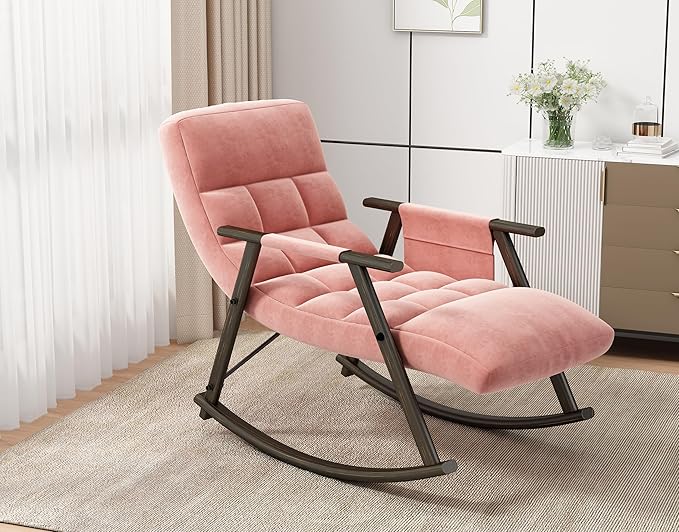LUMISOL Rocking Chair with Adjustable High Backrest and Footrest Collapsible Rocking Chair with Side Pockets Upholstered Rocking Chair for Living Room Bedroom Balcony Pink