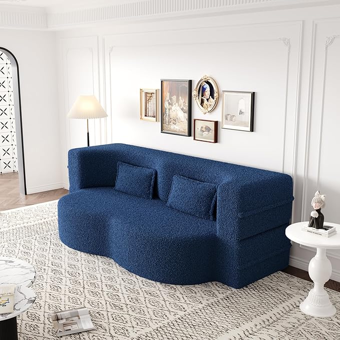 2 in 1 Folding Floor Couch Sofa Bed with 2 Pillows Teddy Fabric Foam-Filled Convertible Sleeper Sofa Full Mattress for Living Room Guestroom No AssemblyBlue Required Sofa Bed