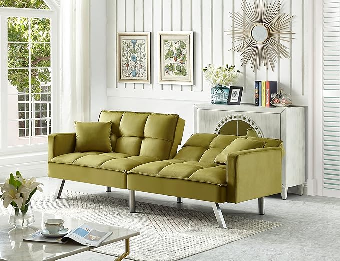 Legend Vansen 80'' Velvet Love seat Convertible Futon Two Pillows Sleeper Couch with 3 Adjustable Backrests Sofa Bed Large Sleeping Area Sofabed Green