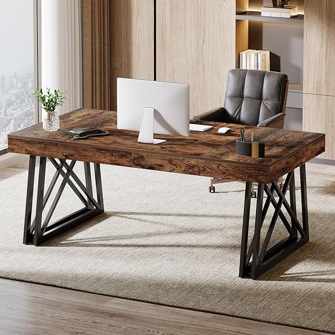 Tribesigns 63-Inch Executive Desk Farmhouse Office Computer Desk with Sturdy X-Shaped Legs Large Writing Table Business Furniture Workstation for Home Office Study (Rustic Brown &amp Black)