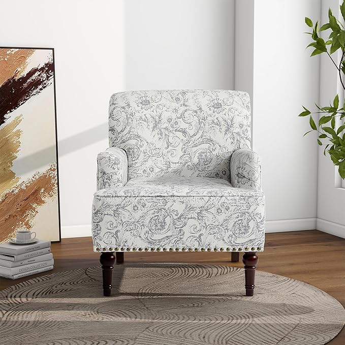 Accent Chair Mid Century Modern Comfy Armchair for Living Room Linen Fabric Single Sofa Lounge for Reading Bedroom Apartment Waiting Room with Wood Legs (Rococo Light Grey Set of 1)