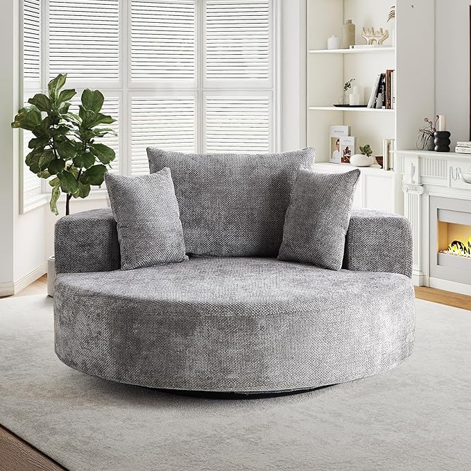 55 W Oversized Round Swivel Accent Barrel Chair360 Degree Chenille Upholstered Comfy Chaise Lounge Chair IndoorModern Deep Seat Single Sofa Armchair for Living RoomBedroomOffice(Grey)