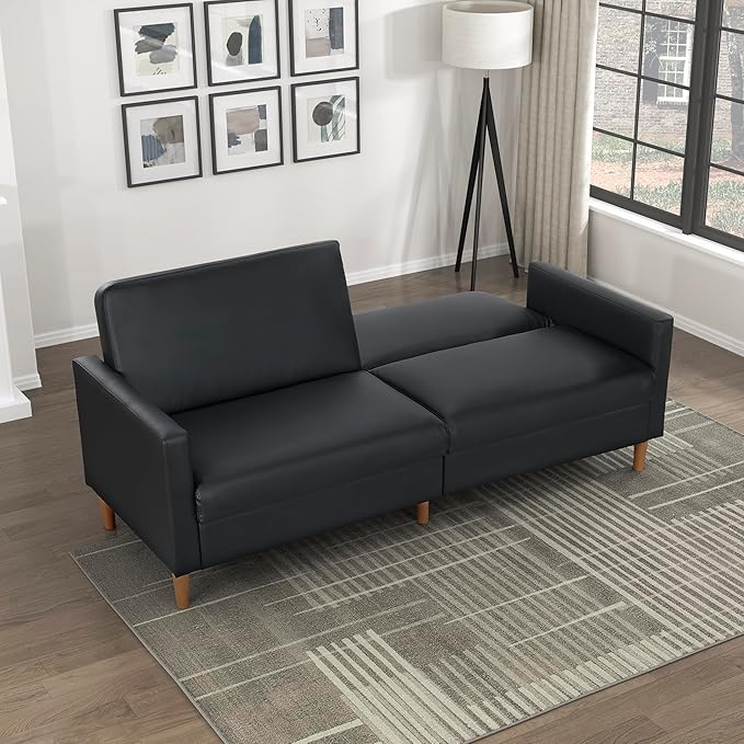 Lexicon 79W Convertible Futon Sofa Bed Loveseat Faux Leather Upholstered Couch Sleeper Adjustable Backrests Padded Pocket Coil Solid Wood Legs for Living Room Bedroom Apartment Office Black