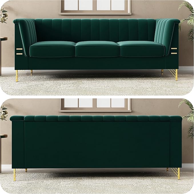 83.46 W Green Velvet Sofa Couch with Metal Gold Legs 3-Seater High Arm Upholstered Sofa for Living Room Bedroom Office (Green)