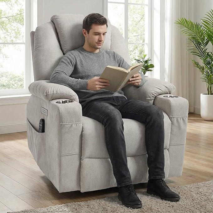 Power Lift Chair with Massage &amp Heat Electric Recliner Chairs for Adults Remote Control Sofa for Living Room Standing Assistance USB Ports Stainless Steel Cup Holders (Chenille Beige)