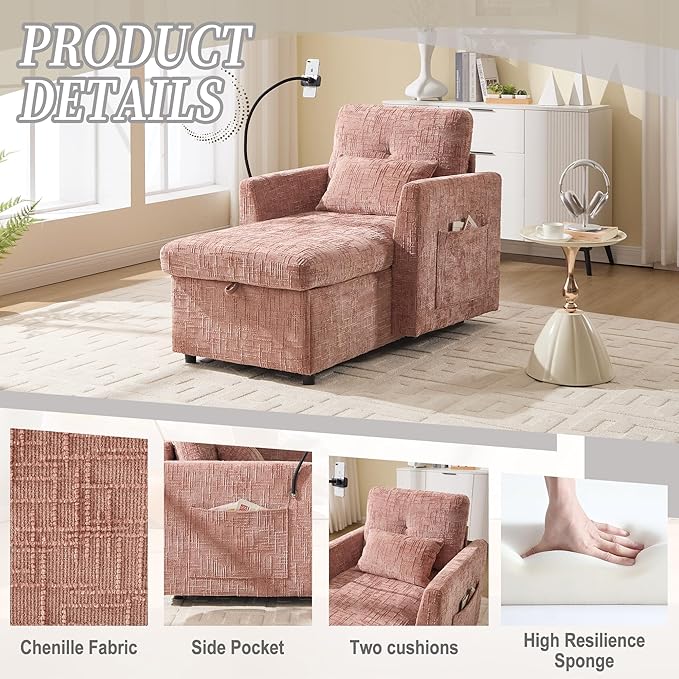 Multifunctional Sofa Recliner Chairs with Storage Cell Phone Bracket Chenille Recliner Chair Bed with Side Pockets and High Backrest Modern Living Room Single Lounge Chair (Pink)