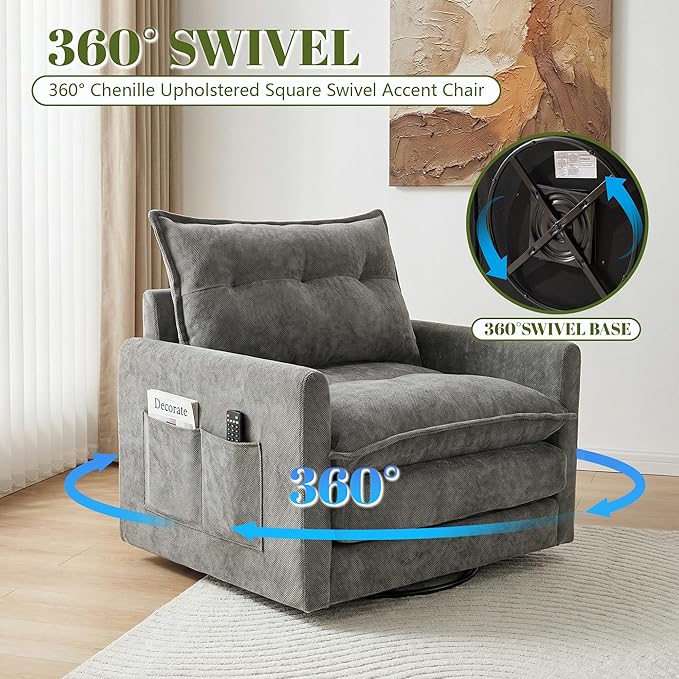 Square Swivel Chair360°Rotation Armchair for ReadingPlush Chenille Upholstered Accent Club Chair with ArmsModern Single Cloud Sofa Chair for Living Room Bedroom (1 Grey)