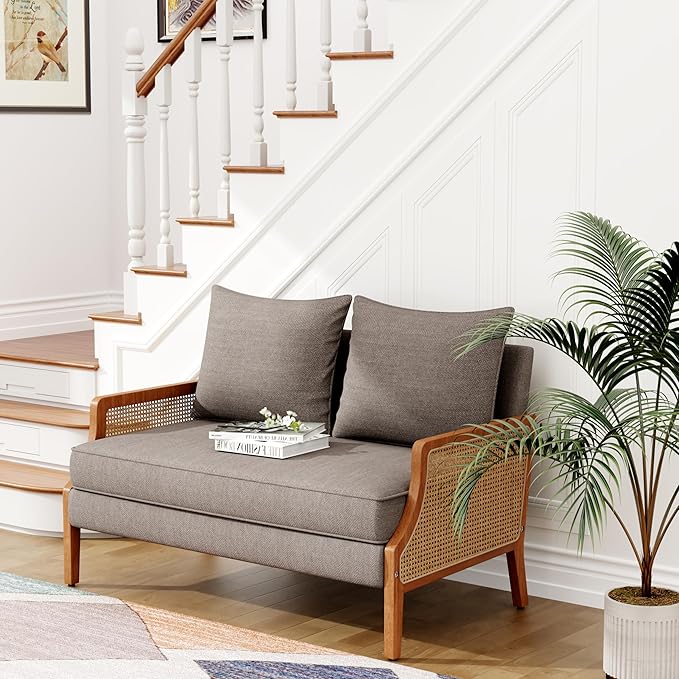 Loveseat Sofa Couches with Rattan Arms and Pillows for Living Dining Room Bedroom Office Entryway Small Spaces Taupe