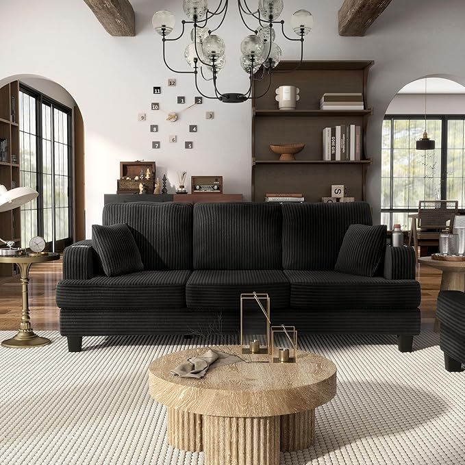 Homes: Inside + Out Reese Modern Plush Chenille Couch with Side Pockets Cup Holders and USB Ports Wooden Comfortable Sofa for Living Room Bedroom and Office Black
