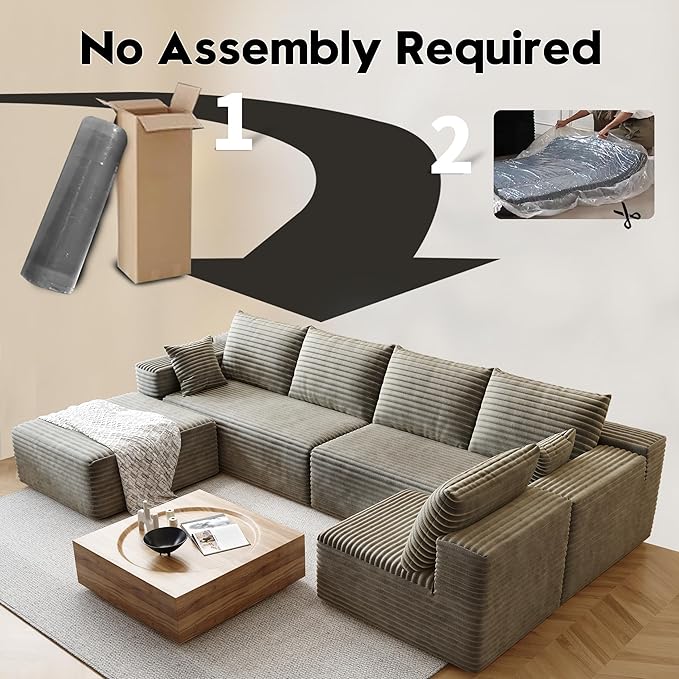 139.4 U Shaped Cloud Sectional Sofa for Living Room Plush Corduroy Cover Fluffy Memory Foam Cushions No Assembly Required Modular Chaise Lounge Oversized Comfortable Couches Set Camel