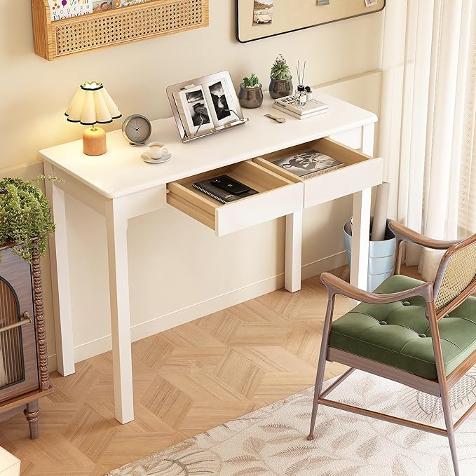 Solid Wood Desk with Drawers - 39 x 16 Inch Narrow Desks Mid Century Modern Desks Rubber Wood Study Table Small Writing Desk for Small Spaces|Bedroom - White