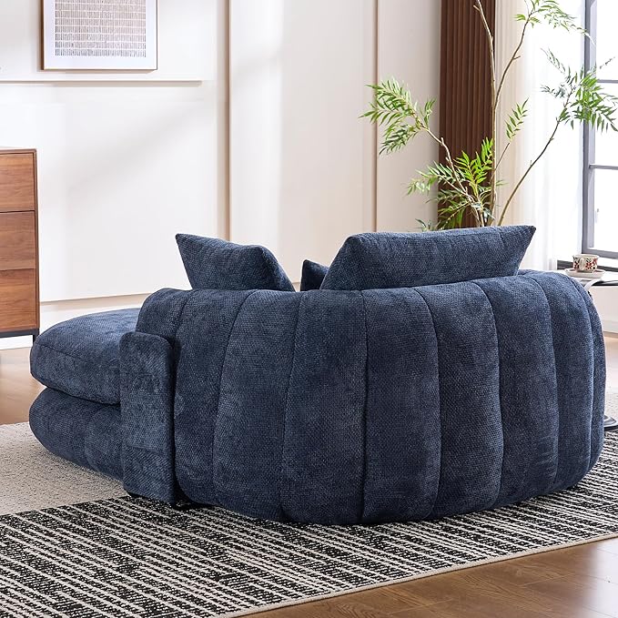 Oversized Chaise Lounge Indoor Deep Seat Boneless Sofa Bed with Throw Pillows Plush Chenille Fabric No Assembly Required Comfy Sleeper Sofa for Living Room Bedroom (Blue with Pocket)