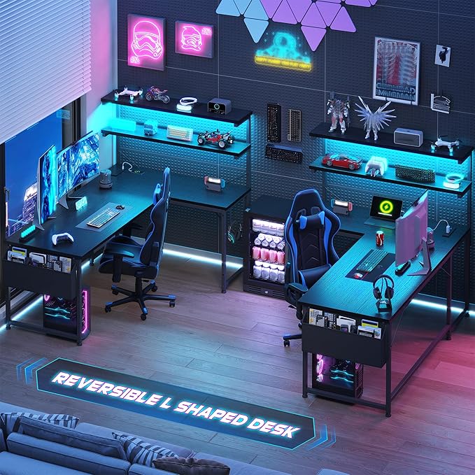 L Shaped Desk Gaming Desk with LED Light &amp Power Outlet 43.3 Inch Reversible L Shaped Computer Desk with Shelf &amp Storage Bag &amp Hook for Home Office Black