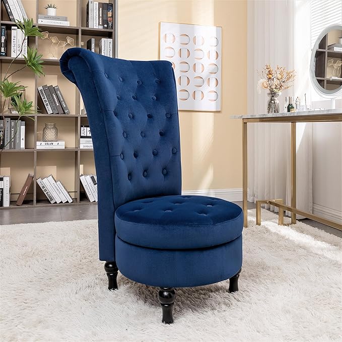 Royal High-Back Velvet Accent Chair for Vanity with Storage and Luxurious Upholstery Retro Design and Versatile Usage for Living Room Bedroom Lounge and Office Dark Blue