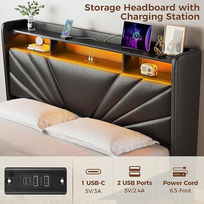 Rolanstar Queen Size Bed Frame Storage Headboard with Charging Station and LED Lights Upholstered Bed with Heavy Duty Wood Slats No Box Spring Needed Noise Free Easy Assembly Black
