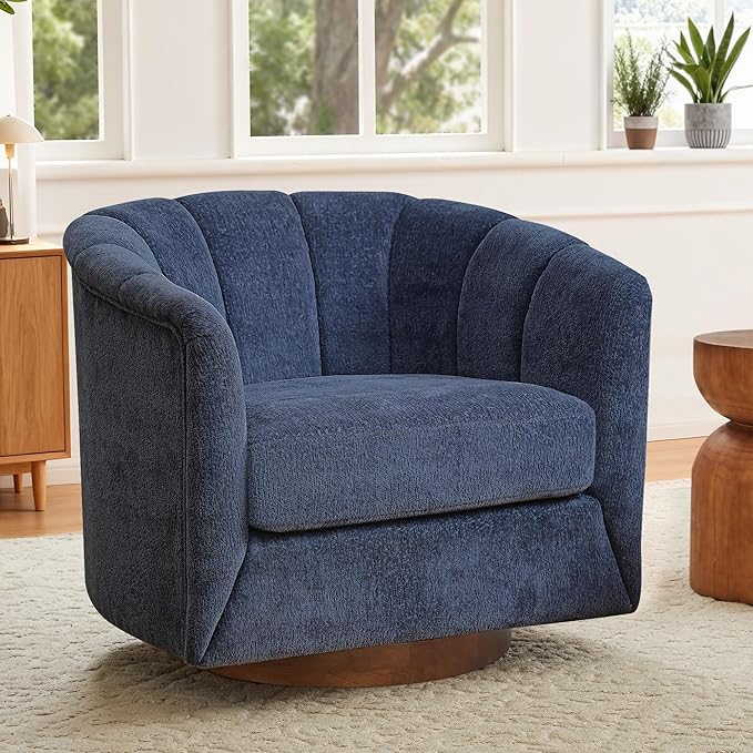 SITJOY Swivel Accent Chair Mid Century Modern Barrel Armchair with Solid Ash Wood Base Upholstered Chair for Living Room Bedroom Fabric in Navy