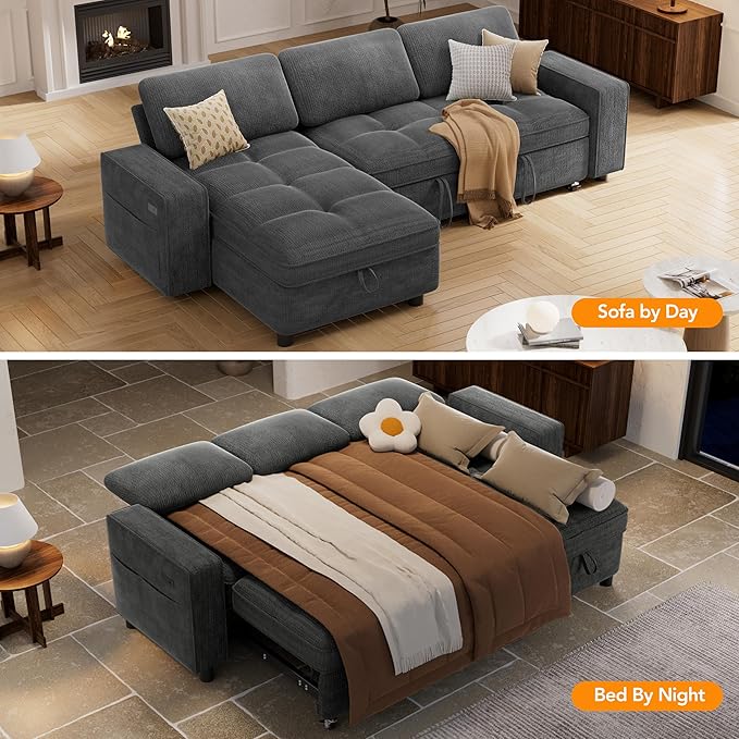 Vipbear 81 Sectional Sleeper Sofa with Pull Out Bed L Shaped Sleeper Sofa Pull Out Couch with Reclining Backrest Reversible Storage Chaise USB Ports Tool-Free Assembly Chenille Dark Grey