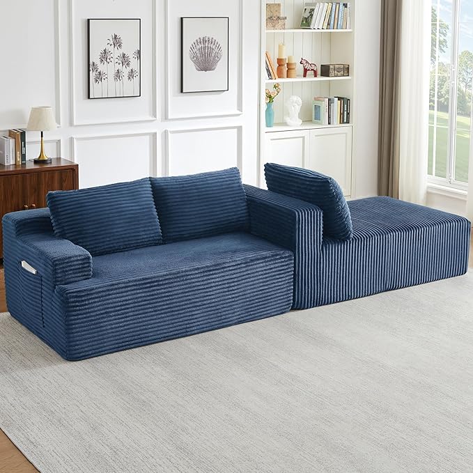 Modern Corduroy Modular Sectional Sofa96.1 Minimalist Style L-Shaped 3 Seat Couch with Side Storage PocketsComfortable Chaise Lounge for Living RoomReception AreaBlue Right Chaise Lounge