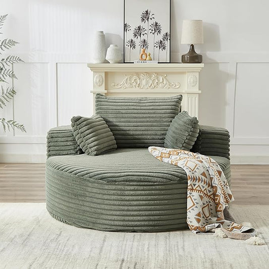 55 Green Oversized Round Boneless Couch Sofa Velvet Memory Foam Cloud Couches Lounge Chair Comfy Fluffy Single Sofa with 3 Pillows for Living Room Bedroom No Assembly Required (Green)