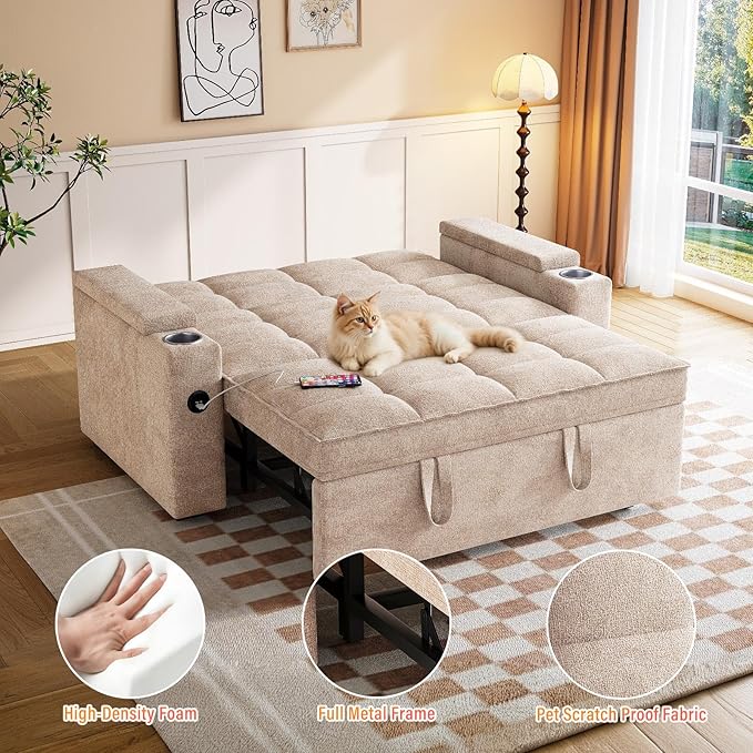 65'' 3-in-1 Convertible Sofa Bed with Adjustable Backrest Pull Out Sofa Chenille Couch Sleeper 360° Swivel Side Table Easy Assembly for Living Room &amp Apartments Khaki