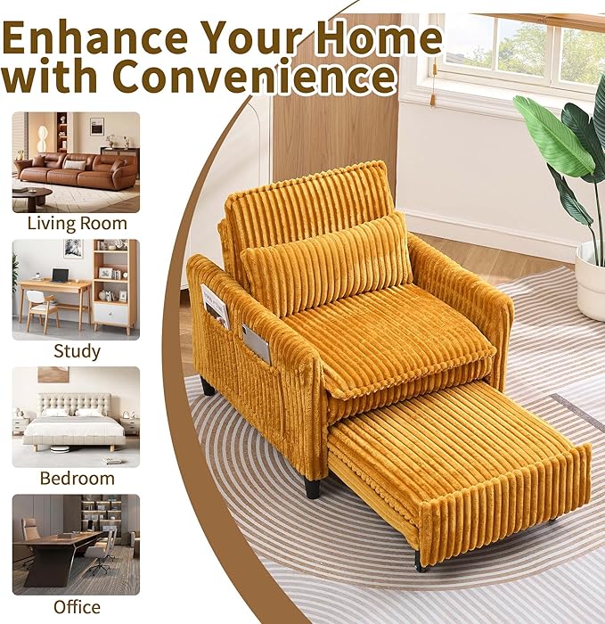 Modern Corduroy Fabric Sofa Bed Futon 3 in 1 Convertible Pullout Bed Sleeper Couches with 3 Reclining Backrests Small Sofa Chair Bed for Living Room Bedroom (Yellow)