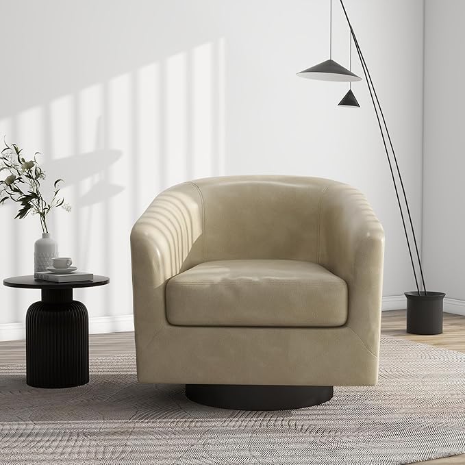Swivel Barrel Accent Chair Modern Round Faux Leather Arm Chair for Living Room Bedroom Comfy Club Reading Chairs for Adults(Faux Leather Cream Set of 2)