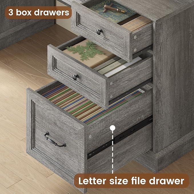 Farmhouse Executive Desk with Drawers Computer Desk with File Drawers Power Outlet and Led Lights Executive Office Desk with Storage Cabinet and Monitor Shelf for Home Office Grey