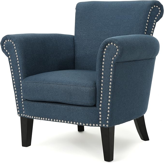 Christopher Knight Home Brice Vintage Scroll Arm Studded Fabric Club Chair Navy Blue / Dark Brown 31D x 29.5W x 31.5H in