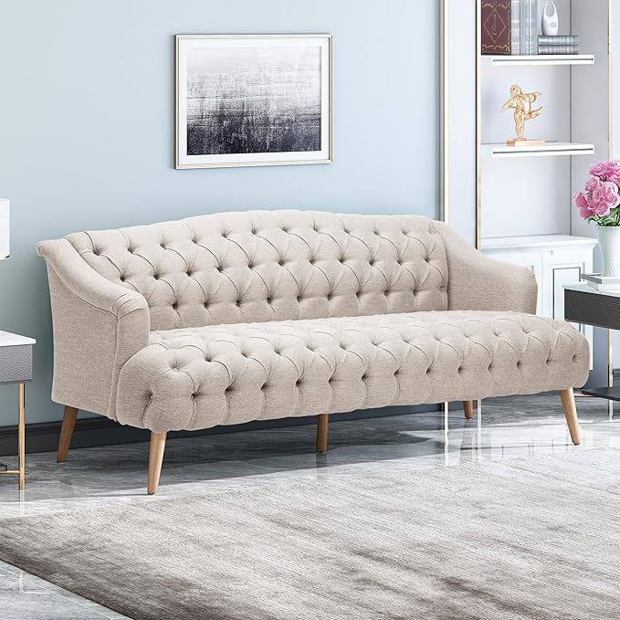 Modern Wingback Tufted Velvet Loveseat 73.25 3 Seat Sofas Settee Bench Banquette Chesterfield Love Seat with High Back Thick Padded Cushioned Upholstered Couch for Living Room Victorian Beige