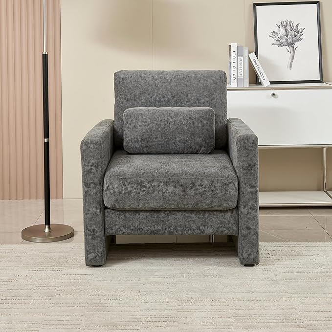 Mid Century Modern Accent Chair Comfy Upholstered Living Room Chair Single Sofa Arm Chair Reading Accent Chair with Lumbar Pillow for Living Room Bedroom Office