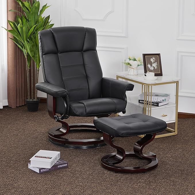 MCombo Manual Swivel Recliner with Ottoman Chair Ottoman Set for RV Small Spaces Living Room Bedroom Office 9019 4919 (Faux Leather Black)