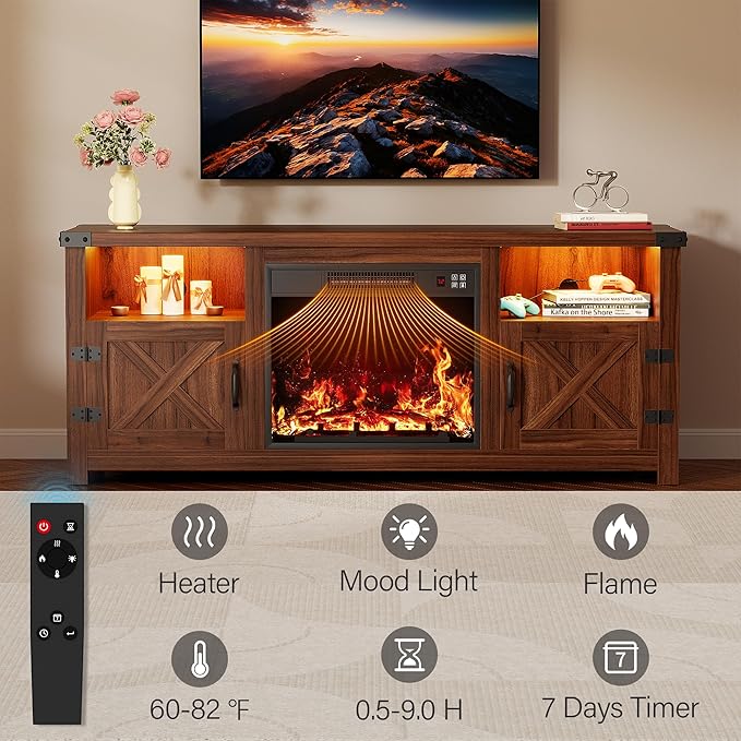 YESHOMY LED Fireplace TV Stand with Mood Lighting TV Cabinet with Open Shelf Farmhouse Media Console with Hidden Cable Routing Entertainment Center for Televisions up to 65+ Inch Walnut