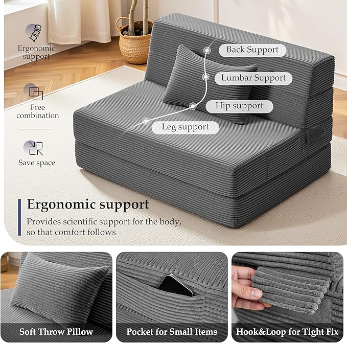 Youzi Folding Sofa Bed Convertible Sleeper Chair with Pillow 4-in-1 Foldable Mattress Futon Couch Bed to Lounge Chair for Living Room Bedroom Dorm &amp Guest Washable Cover Dark Gray Single