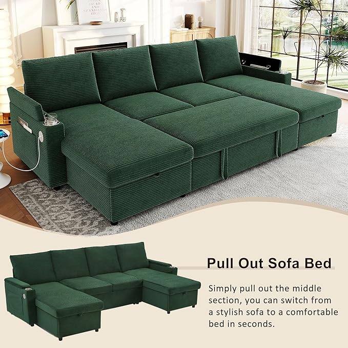 109.5 Sectional Sofa Convertible Pull-Out Sofa Bed with 2 Storage Chaise Lounges and Cup Holders Chenille Fabric U-Shaped Couch with Storage Boxes &amp USB Ports for Living Room (Green-9.19)