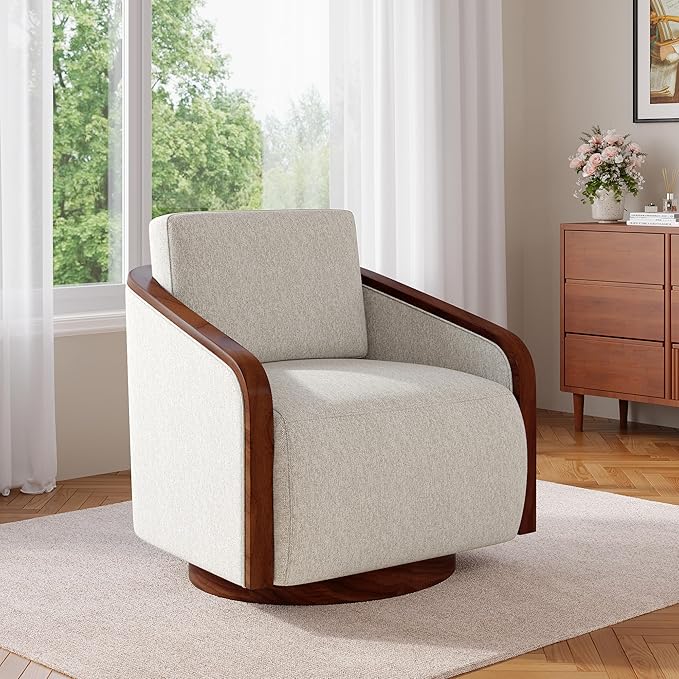 UIXE Swivel Barrel Chair Chenille Accent Chairs Upholstered Club Armchair for Living Room Contemporary Arm Chair Bedroom Reading Seat Nook Single Sofa with Back Pillow - Beige Brown