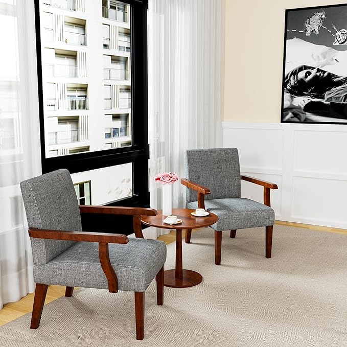 Accent Chairs Set of 2 with Side Table Modern Accent Armchair with Fabric Upholstered and Solid Wood Armrest Reading Leisure Arm Chair for Living Room Bedroom Waiting Room (Grey)