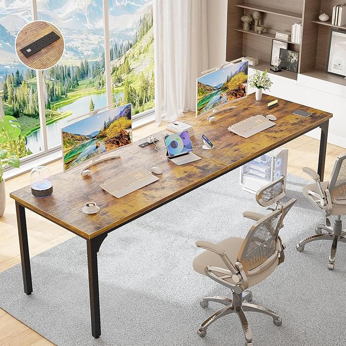 Unikito 78.7 Inches 2 Person Desk with Power Outlet Long Double Home Office Computer Desks Large Simple Desk Modern Study Writing Table Workstation Large Legroom Metal Frame Rustic Brown